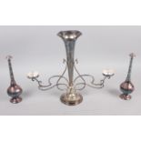 A pair of silver plated rose water sprinkler vases, 9 1/4" high, and a plated epergne