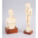 A 1930s carved ivory portrait bust of a Maasai woman, 6" high, on hardwood base, and a companion