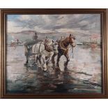 Tony Cardella: impasto oil on canvas, cart and horses on the harbour front, 20 3/4" x 25", in gilt