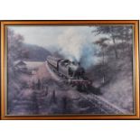 Don Breckon: a colour print, "Racing the Train", and two other colour prints, steam locomotives