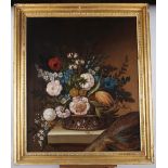 A 19th century oil on canvas, 17th century Dutch style still life, 29" x 24", in gilt frame