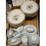 Four 19th century hand-painted tazzas, decorated birds, three matching plates and a miniature dinner