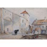 J Morris: watercolours, "Near Epsom" town scene with horse and figures, 6 1/2" x 9 1/2", in gilt