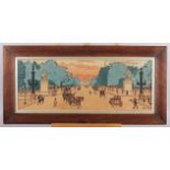 A colour print, Parisian street scene with Arc de Triomphe in distance, colour prints, silhouettes