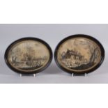 Two early 19th century black thread oval panels, landscapes with figures, 6 3/4" x 8 3/4", in