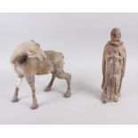 A Tang style horse and a terracotta figure of a soldier, 11 1/2" high