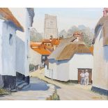 L E Horlock: oil on canvas faced board, cottages in Devon, 9 3/4" x 11 1/2", in gilt frame, and