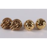 A pair of 18ct gold hemispherical ear studs, 6.2g, and a pair of 9ct gold knot ear studs, 4.2g