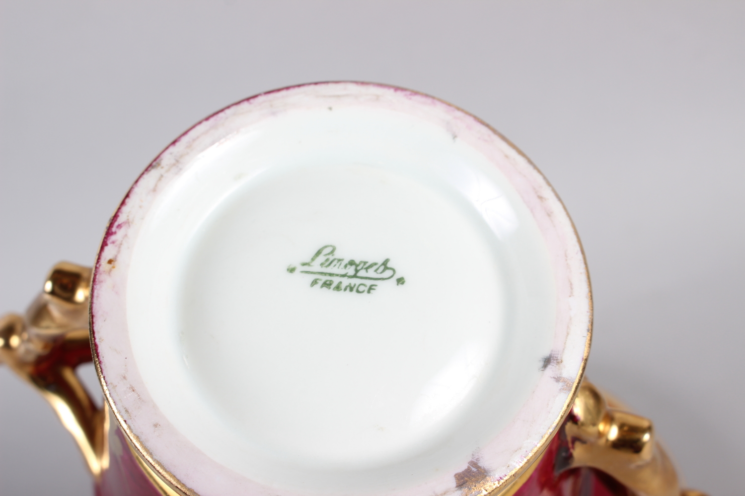 A Limoges two handle cabinet cup, saucer and cover with gilt decoration and crimson ground, 7" high - Image 4 of 4