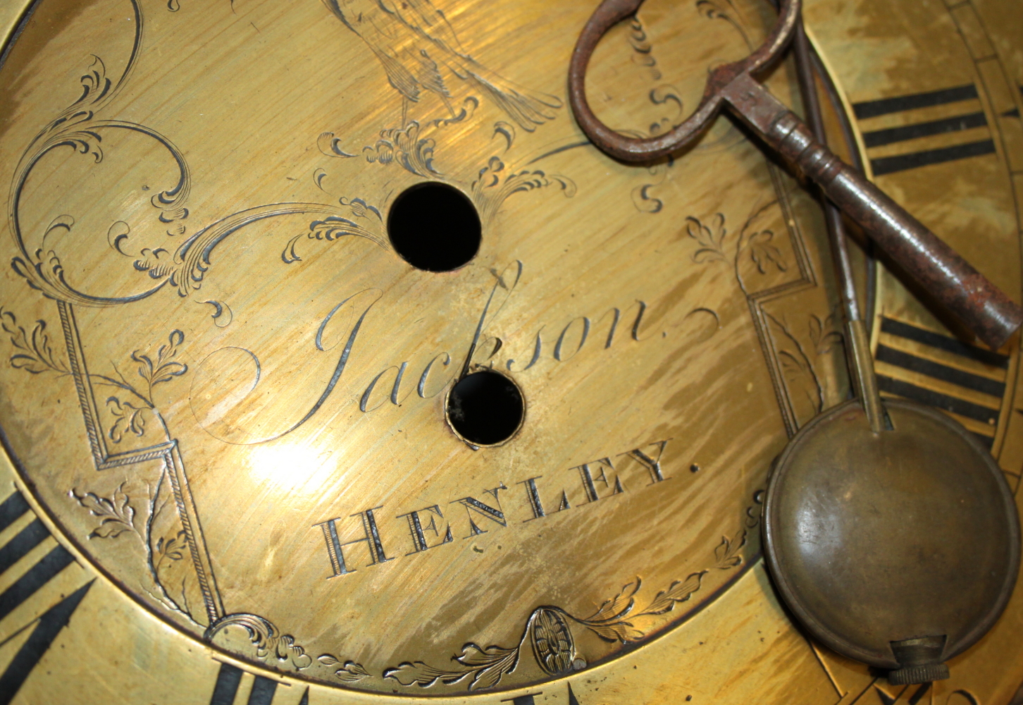 A Jackson of Henley long case clock face with gilt dial, Roman numerals with key, pendulum and - Image 2 of 2