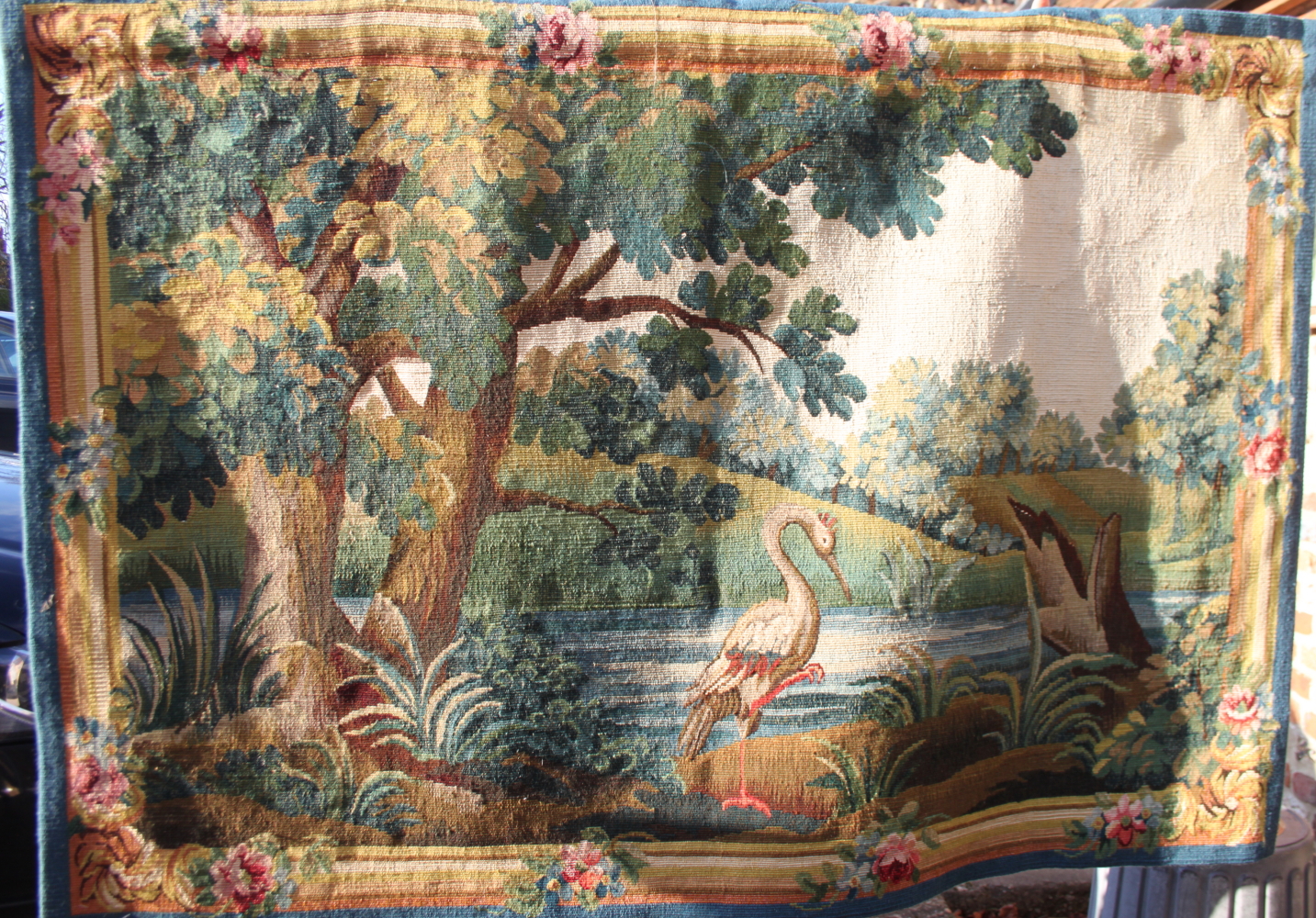 An Aubusson type verdure tapestry panel with heron, 38" high x 57" wide approx