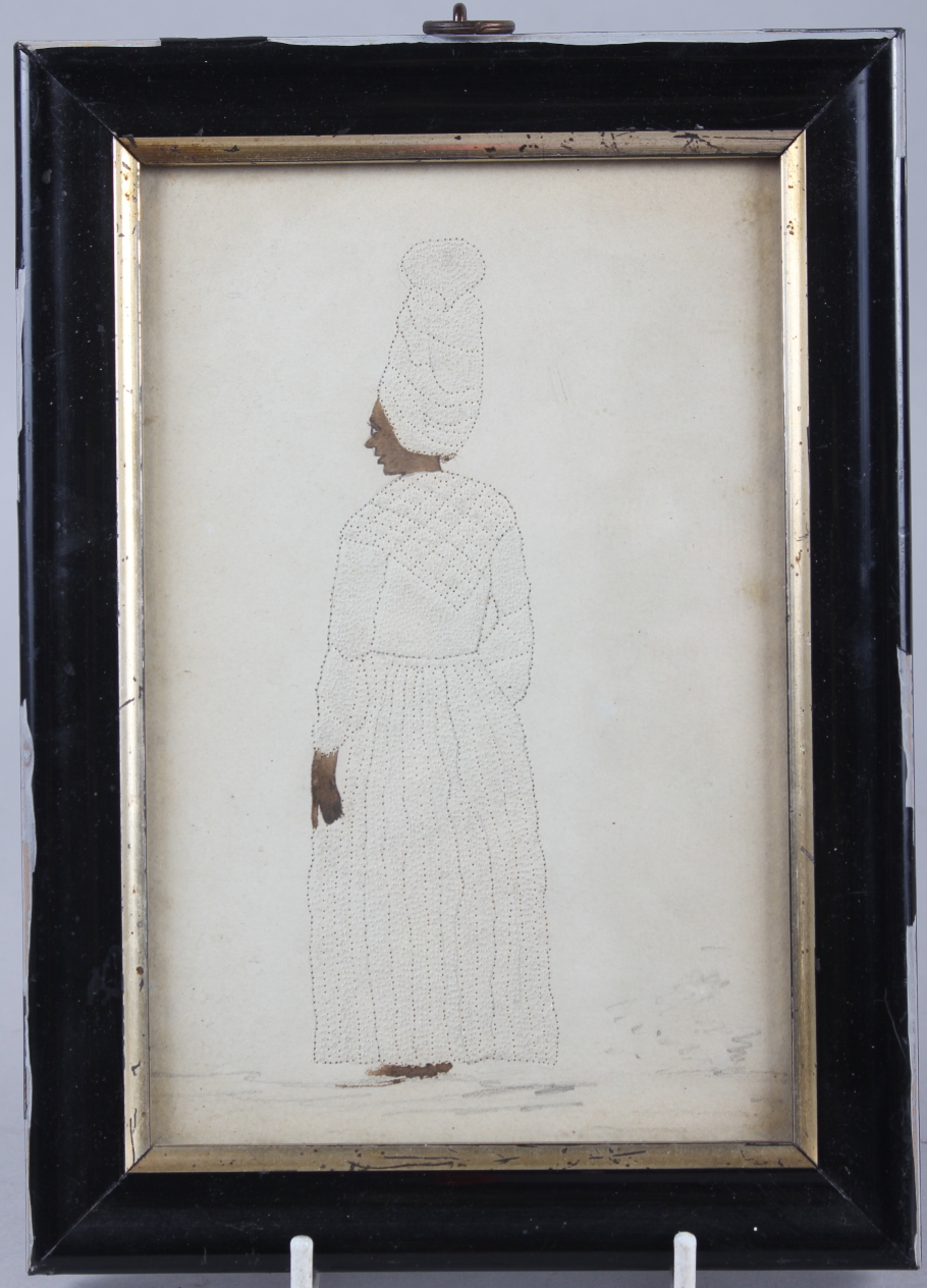 A 19th century pin prick work picture of a Normandy woman, 7" x 4 1/2", in ebonised frame, and a