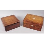 A burr walnut writing box, inset mother-of-pearl, 12" wide, and an oak two-compartment box, 10" wide