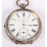 A white metal cased open faced pocket watch, stamped 935, with white enamel dial marked "The