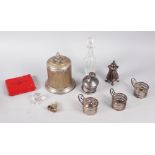 Three silver cup mounts, a silver plated pepper pot, a commemorative medal and other items, 3oz troy