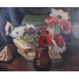 Jean Marchand: oil on canvas, still life of poppies, 16" x 20", in ornate gilt frame
