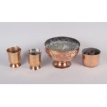 A Newlyn copper pedestal bowl, decorated fish, 5", a copper measure, a mug and a blancmange mould