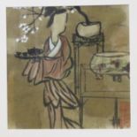 Tang Gou: ink and watercolours, "Tea", 12" x 12", in silvered frame