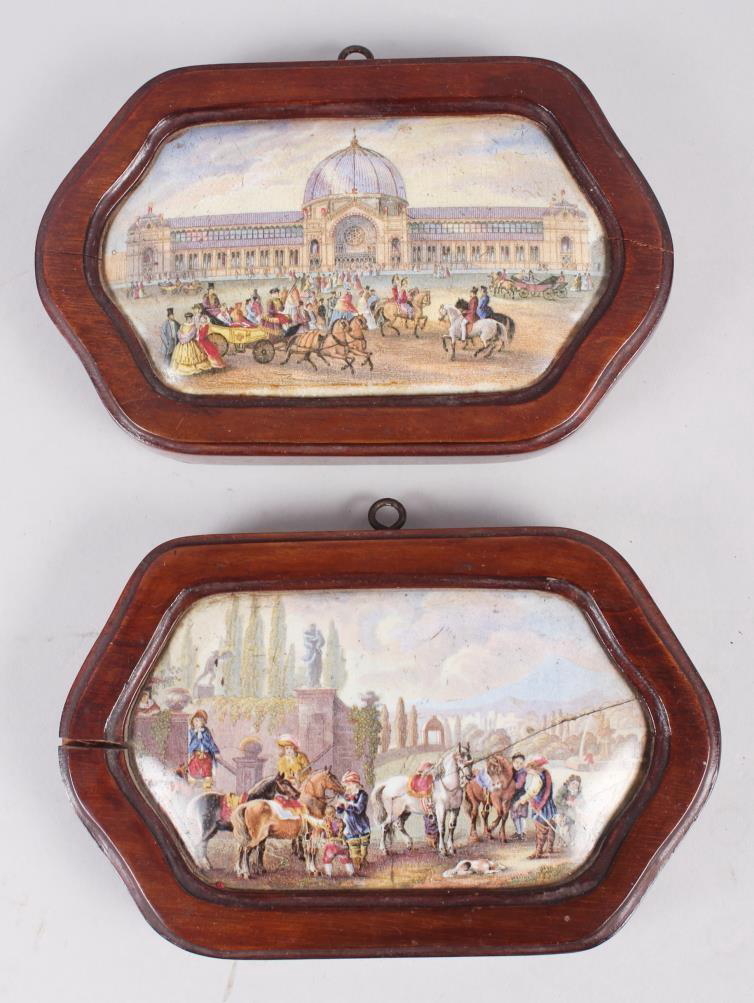 Two 19th century shaped pot lids, 1861 exhibition and cavaliers in a garden, in mahogany frames,