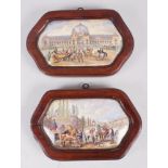 Two 19th century shaped pot lids, 1861 exhibition and cavaliers in a garden, in mahogany frames,