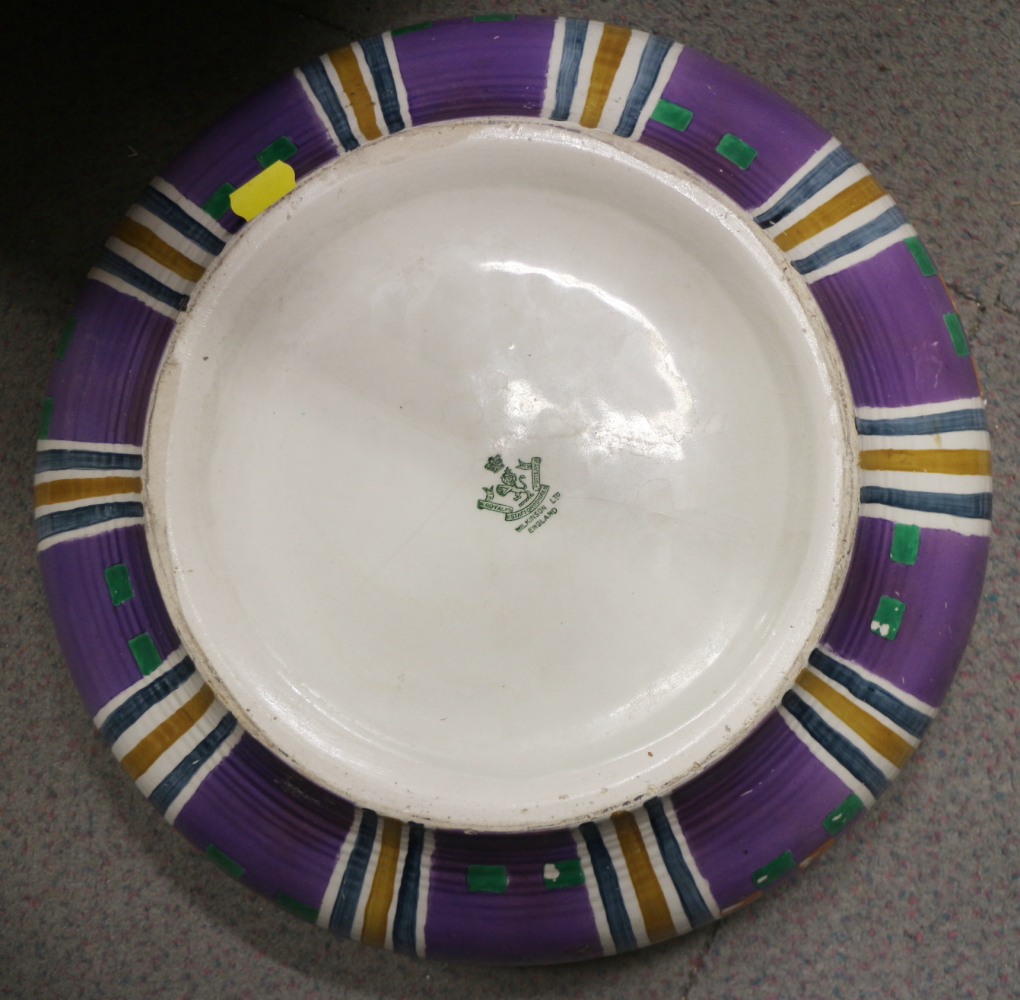 A blue and white washbowl, a splash glazed bowl, 12 1/2" dia, a studio pottery bowl, three other - Image 2 of 7