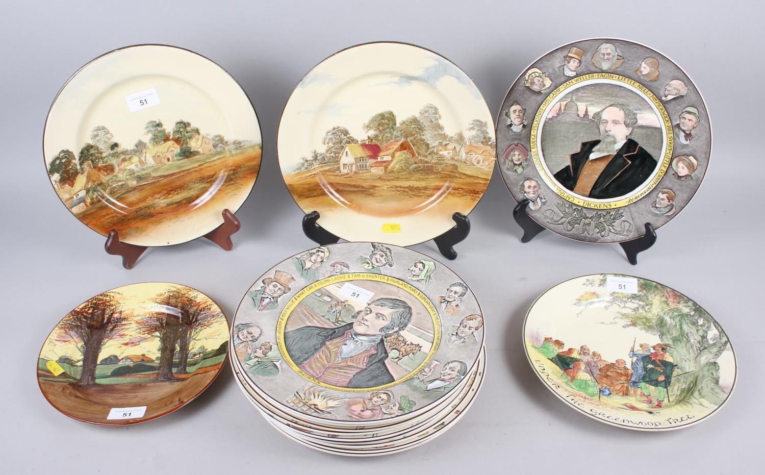 Fourteen Royal Doulton character and landscape plates, various, and two Radford floral decorated
