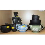 A Wedgwood black jasperware two-handled vase, 8" high, a Wedgwood black jasper part tea set for