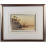 John Varley: watercolours, Nile scene at dusk with felucca, 6 1/2" x 10", in wash line mount and