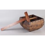 A square wooden vessel with metal fittings and carrying handle, 13 1/2" square, a gilt metal wall
