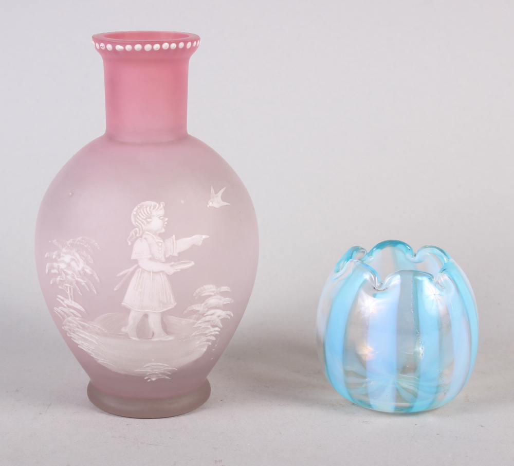 A Mary Gregory frosted glass and enamelled vase, 5 1/2" high, and a Venetian blue and milk glass