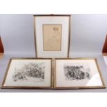 A French print of a woman, in gilt frame, a pair of French caricature prints, in gilt frames, and