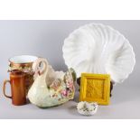 A Staffordshire floral decorated swan, 12" high, a rose decorated two-handled vase (damages), a