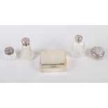 A silver cigarette box and four cut glass and silver mounted dressing table jars
