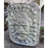 A cast stone water fountain, in the form of a stylised lion mask, 16 3/4" high