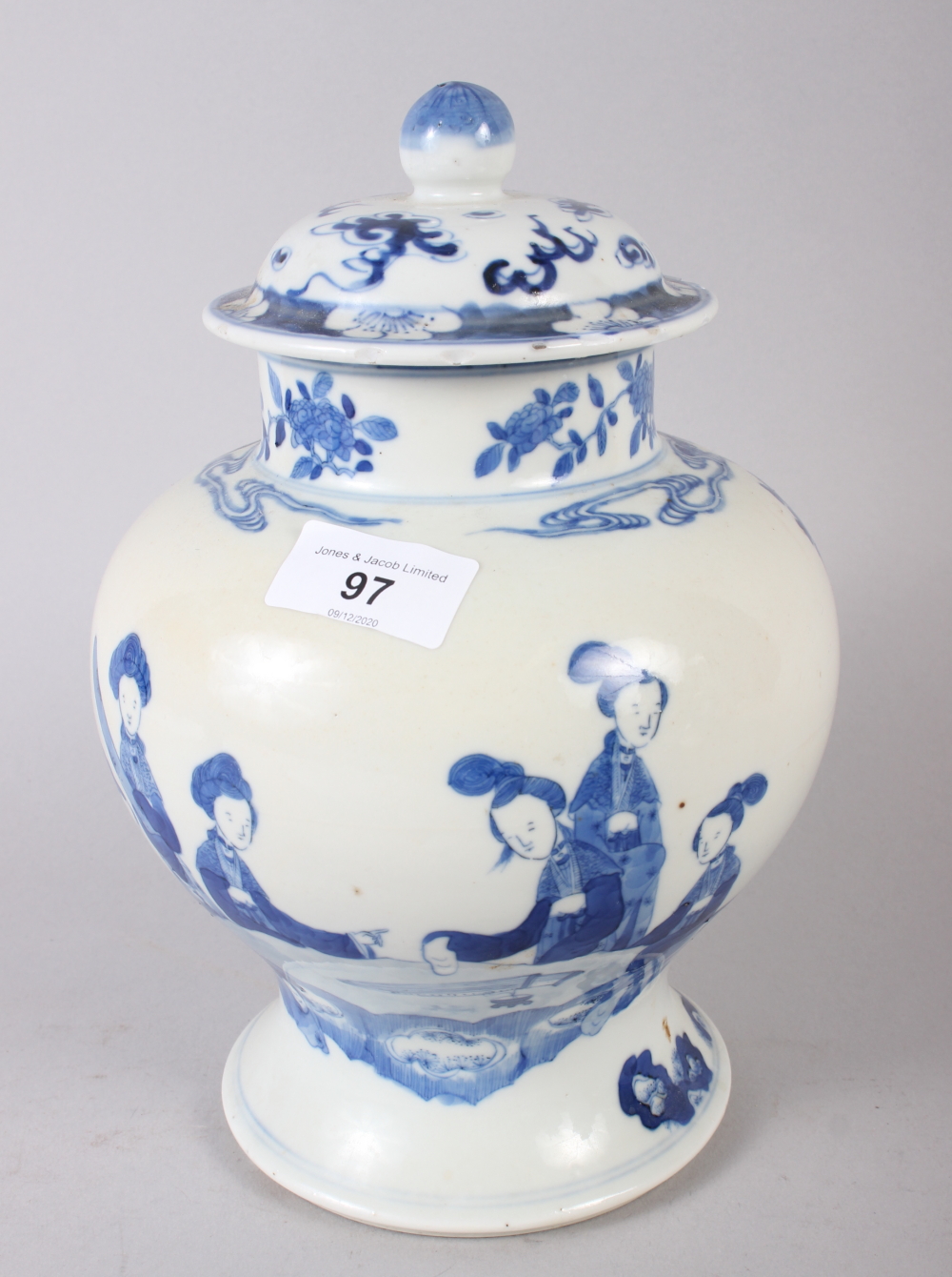 A 19th century Chinese porcelain baluster vase, decorated figures around a table, double ring mark
