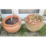 Two terracotta planters with scrolled handles, tallest 15 1/2" high