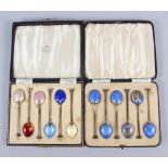 A cased set of six silver demitasse spoons with enamel decoration and another similar set (damages),