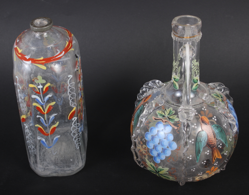 A 19th century glass bottle with carrying handles and enamelled bird and fruit decoration, 6 1/4" - Image 2 of 7