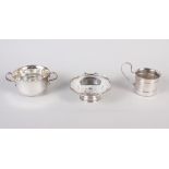 A silver two-handled porringer, a silver mug and a silver pedestal dish, 10.2oz troy approx
