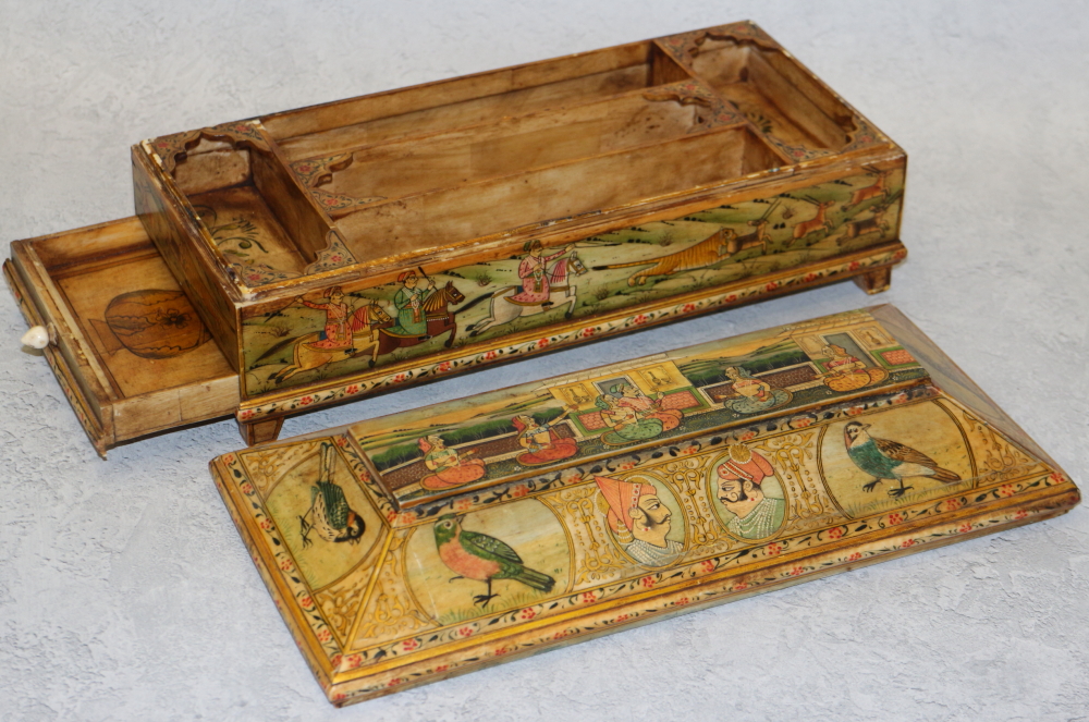 A Mogul design painted bone trinket box with fitted interior and pull-out drawer, on bracket feet, - Image 2 of 10