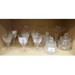 Three Waterford crystal sweetmeat stands, six port glasses and three moulded glass trinket jars
