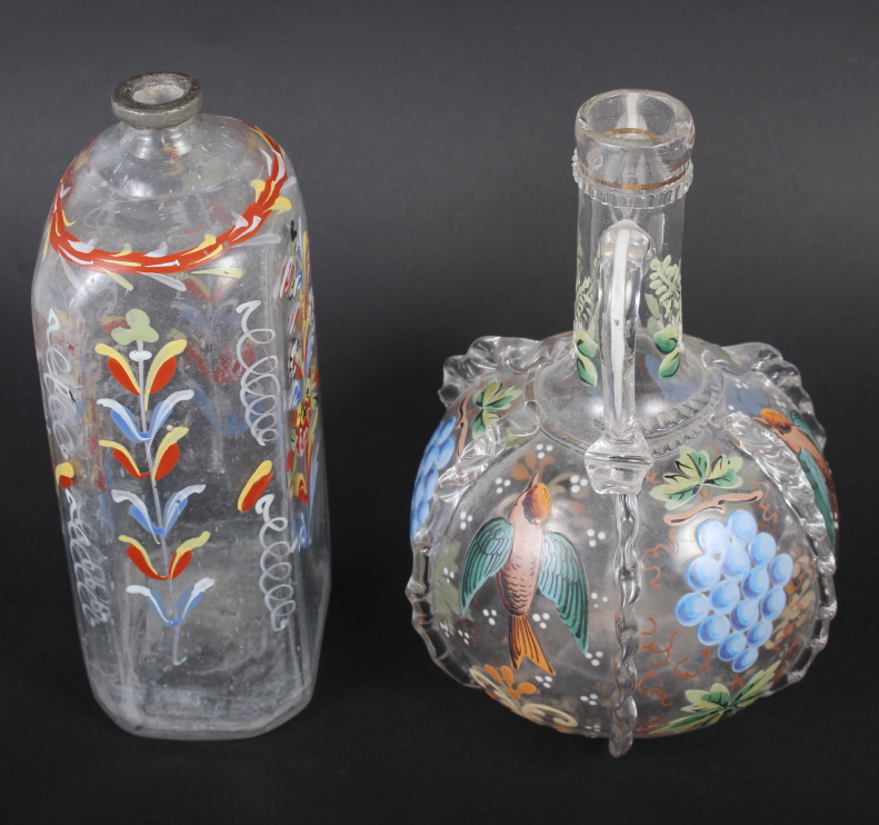 A 19th century glass bottle with carrying handles and enamelled bird and fruit decoration, 6 1/4" - Image 4 of 7