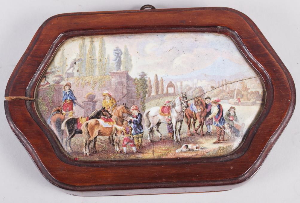 Two 19th century shaped pot lids, 1861 exhibition and cavaliers in a garden, in mahogany frames, - Image 3 of 4