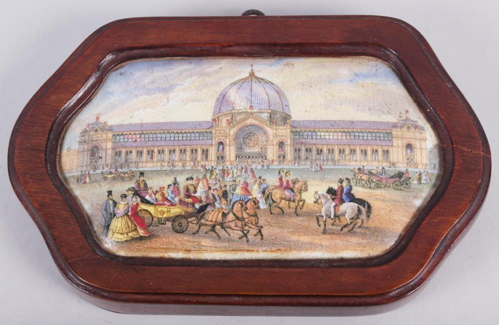 Two 19th century shaped pot lids, 1861 exhibition and cavaliers in a garden, in mahogany frames, - Image 2 of 4