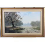 G Liddle?: oil on board, Autumn mist Hunt approaching, 11" x 19", in gilt frame