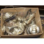 A quantity of silver plate, including Elkington trays, toast racks, coffee pots, entree dishes, an