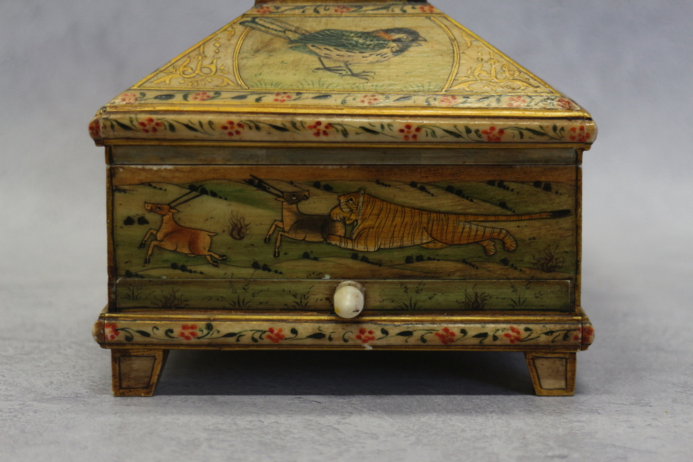 A Mogul design painted bone trinket box with fitted interior and pull-out drawer, on bracket feet, - Image 6 of 10