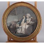 An 18th century stipple engraving, family at home, in circular gilt frame, and a print laid on