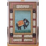 A 19th century Indian watercolour of a caparisoned elephant with Arabic calligraphy border, 13 1/