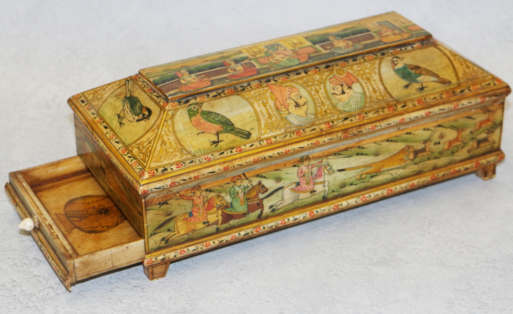 A Mogul design painted bone trinket box with fitted interior and pull-out drawer, on bracket feet,